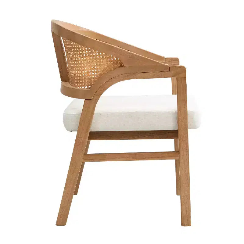 Chaise de salle à manger capitonnée en bois d'hévéa avec dossier incurvé en rotin