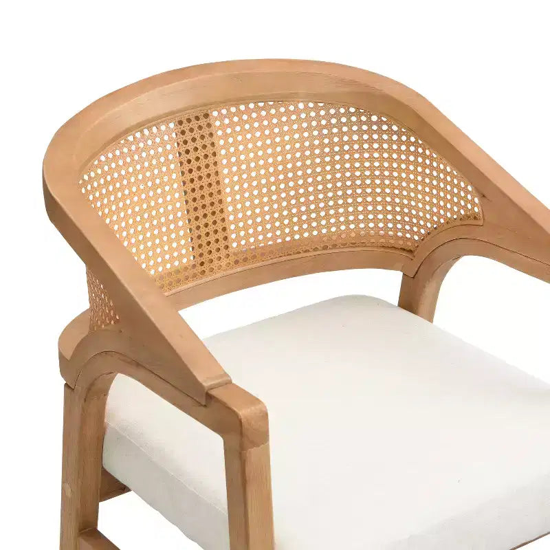 Chaise de salle à manger capitonnée en bois d'hévéa avec dossier incurvé en rotin