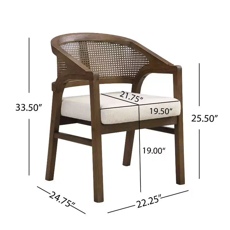 Chaise de salle à manger capitonnée en bois d'hévéa avec dossier incurvé en rotin