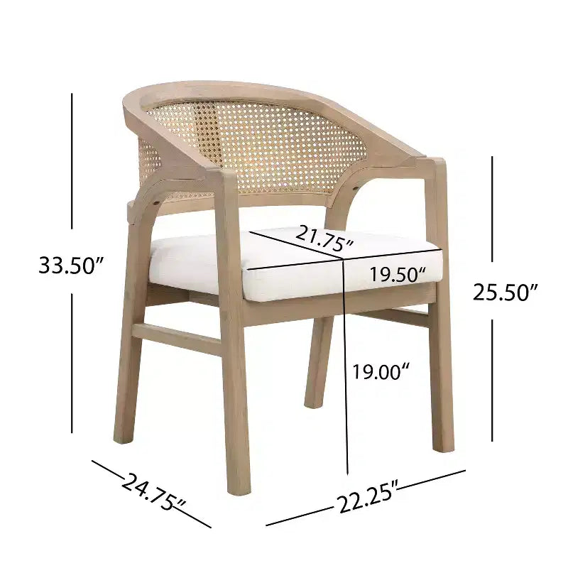 Chaise de salle à manger capitonnée en bois d'hévéa avec dossier incurvé en rotin