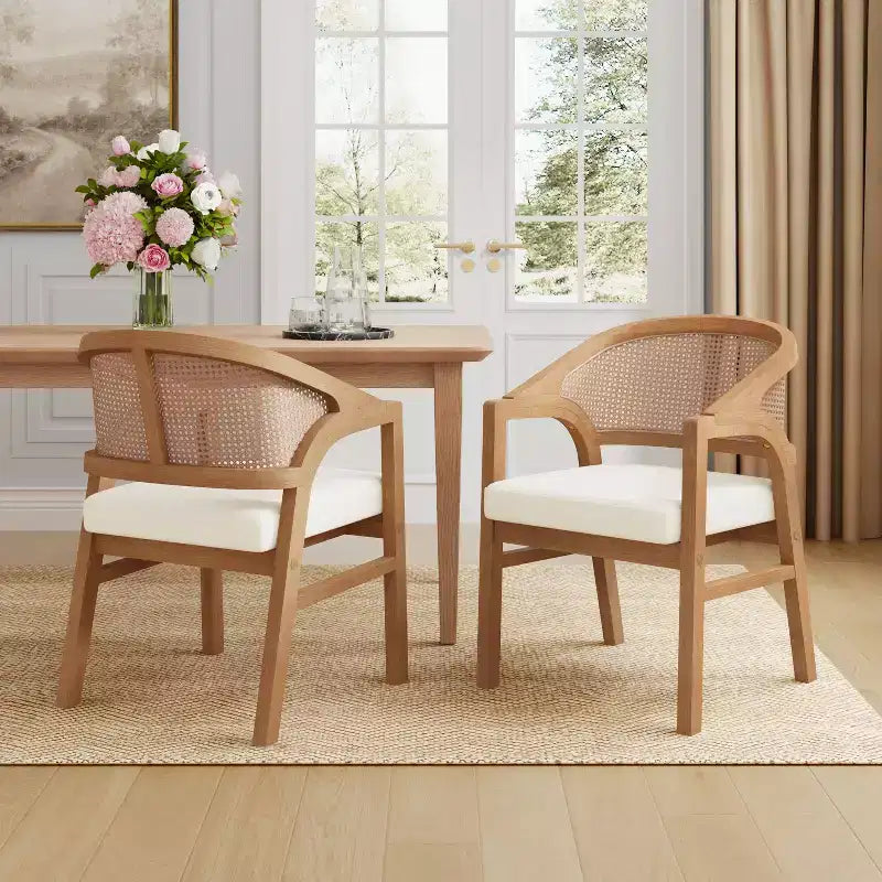 Chaise de salle à manger capitonnée en bois d'hévéa avec dossier incurvé en rotin