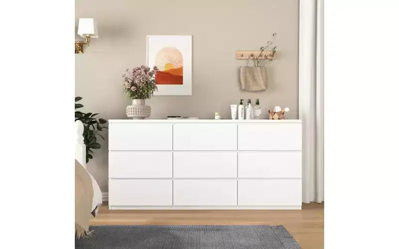 JVNOXK 63-inch Spacious Modern Handle-Free Nine-Drawer Cabinet; Wooden Storage Cabinet, Suitable for Living Room or Bedroom, White