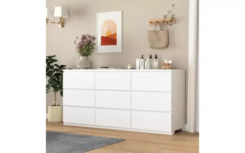 Commode moderne spacieuse sans poignée à neuf tiroirs de 160 cm ; meuble de rangement en bois, convient pour le salon ou la chambre à coucher, blanc