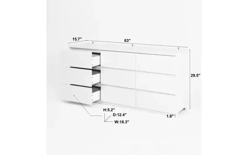 Commode moderne spacieuse sans poignée à neuf tiroirs de 160 cm ; meuble de rangement en bois, convient pour le salon ou la chambre à coucher, blanc