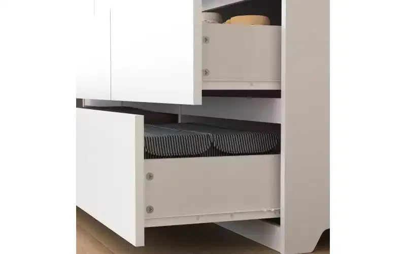 Commode moderne spacieuse sans poignée à neuf tiroirs de 160 cm ; meuble de rangement en bois, convient pour le salon ou la chambre à coucher, blanc