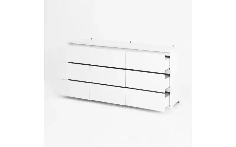 Commode moderne spacieuse sans poignée à neuf tiroirs de 160 cm ; meuble de rangement en bois, convient pour le salon ou la chambre à coucher, blanc