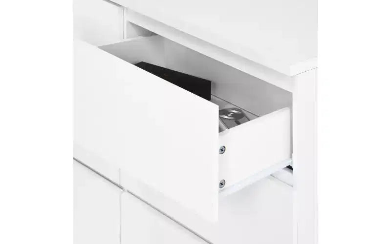 Commode moderne spacieuse sans poignée à neuf tiroirs de 160 cm ; meuble de rangement en bois, convient pour le salon ou la chambre à coucher, blanc