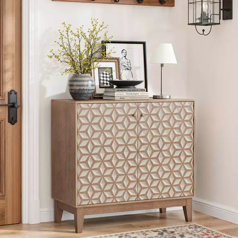 MAYEERTY 31.5 Geometric Design Sideboard Cabinet with 2 Doors and Adjustable Shelves for Living Room Kitchen Dining Room Beige