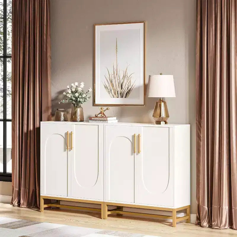 Lantine Modern White Sideboard Buffet Cabinet with 4 Doors and Adjustable Shelves