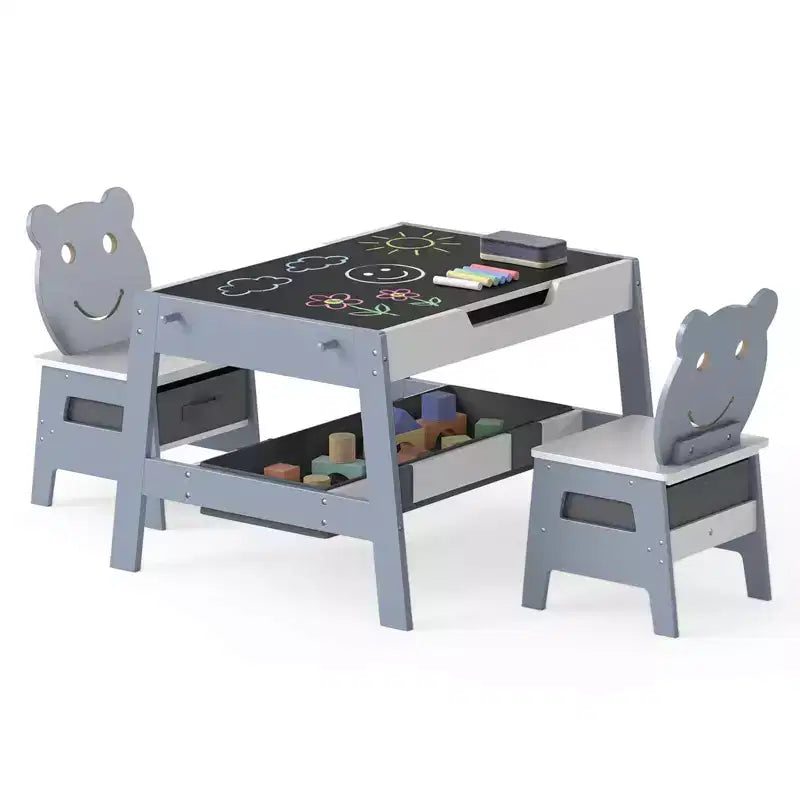 Costway 5-in-1 Kids' Table &amp; Chair Set with Chalkboard, Whiteboard, 3 Storage Bins, 4 Hooks Gray + White/Natural + White + Orange