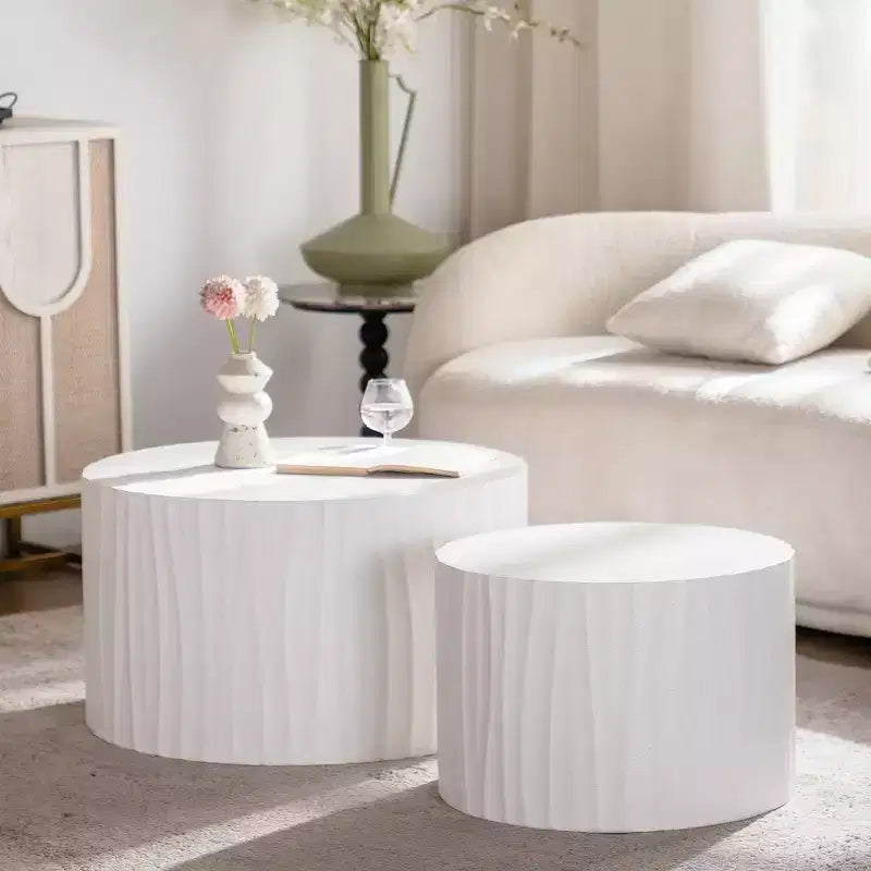 Set of 2 Round Nesting Coffee Tables with Handcrafted Relief Design for Living Room