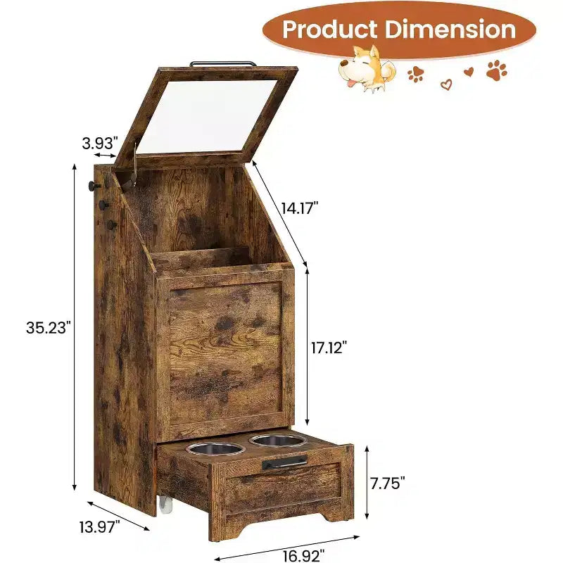 Station d'alimentation pour chien avec gamelles surélevées, meuble de rangement et crochets pour accessoires, marron