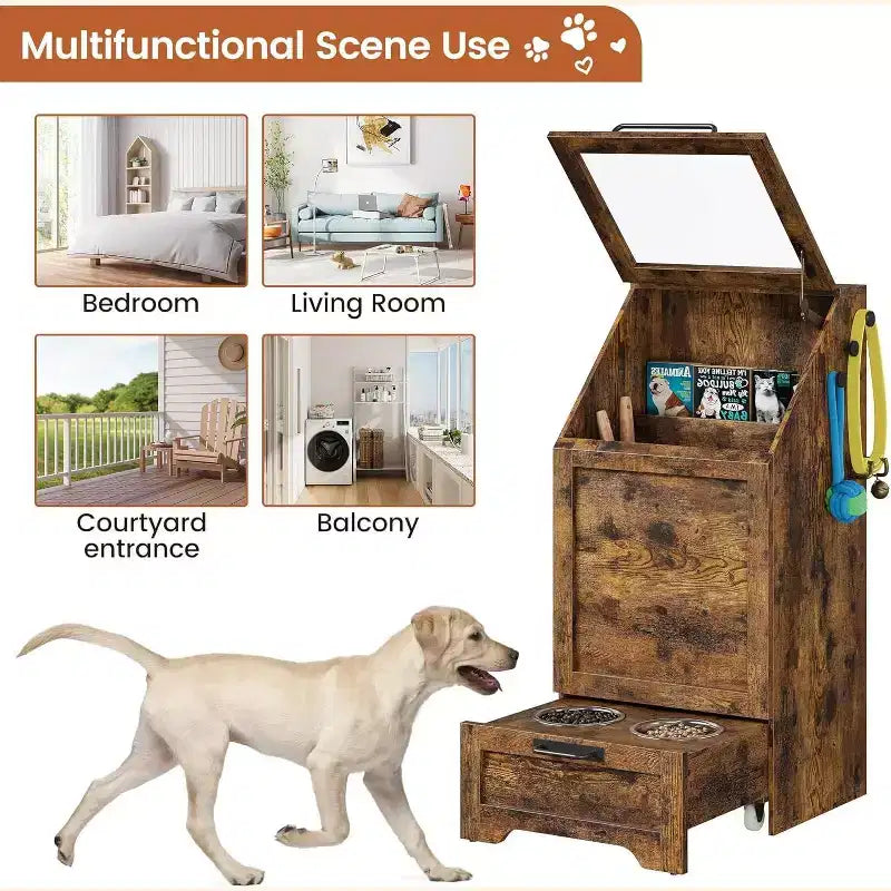 Station d'alimentation pour chien avec gamelles surélevées, meuble de rangement et crochets pour accessoires, marron