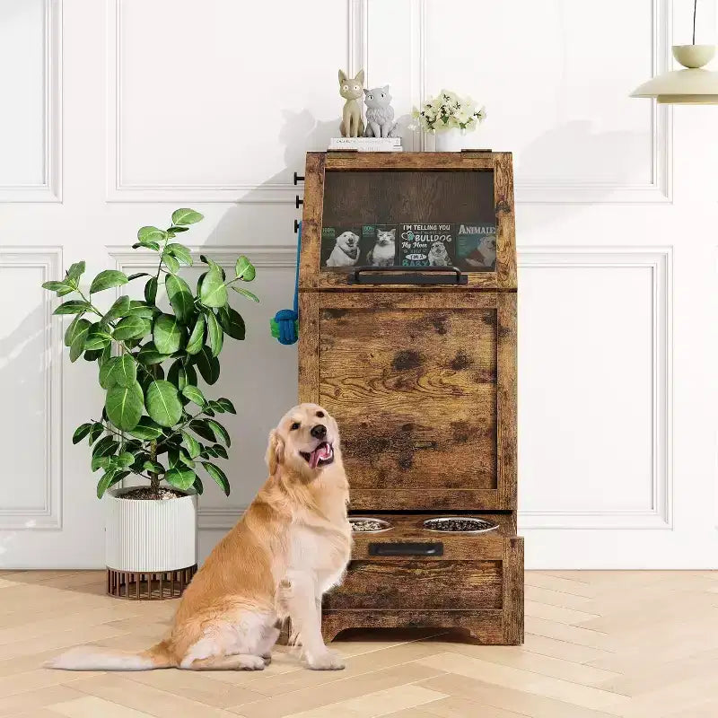 Dog Feeding Station with Raised Bowls, Storage Cabinet &amp; Hooks for Supplies, Brown