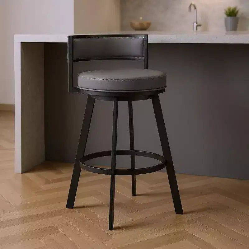 Chaise de bar pivotante en similicuir gris et noir et fer, hauteur comptoir, dossier bas