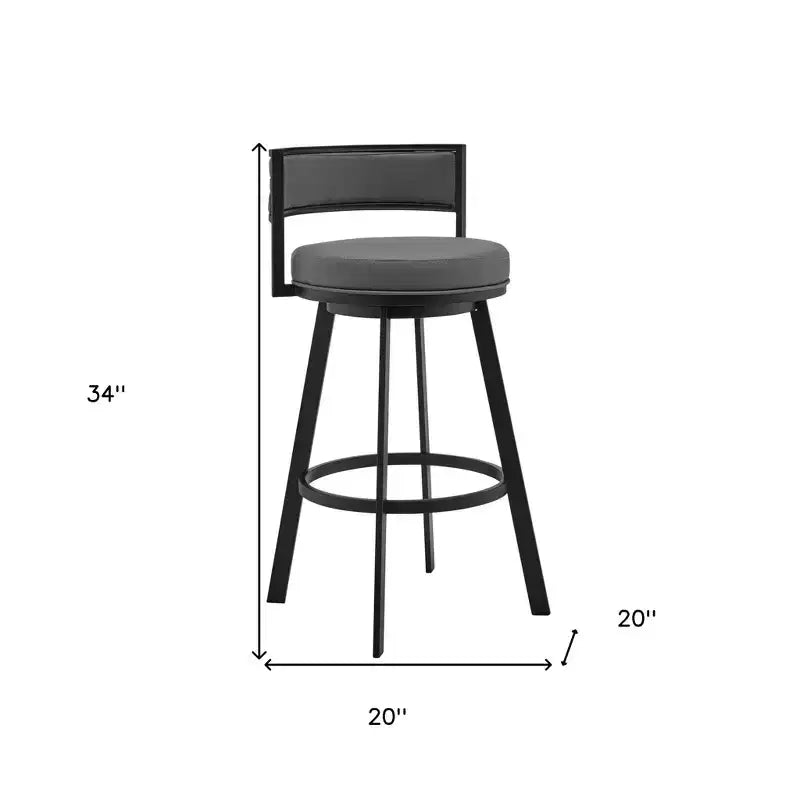 Chaise de bar pivotante en similicuir gris et noir et fer, hauteur comptoir, dossier bas