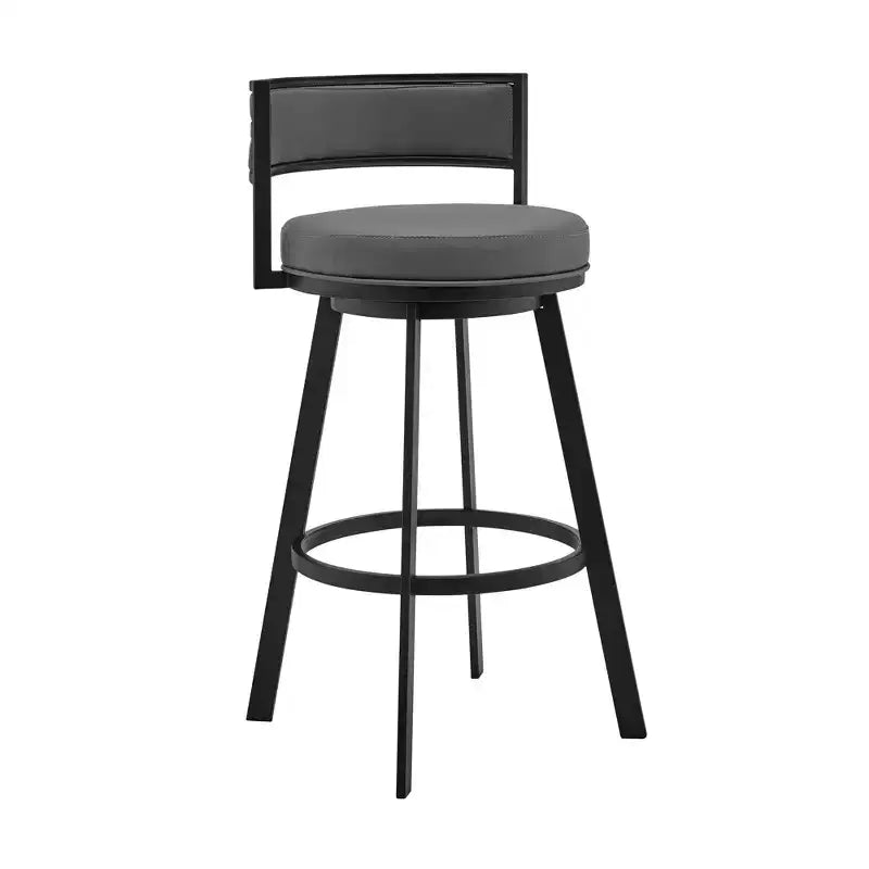 Chaise de bar pivotante en similicuir gris et noir et fer, hauteur comptoir, dossier bas