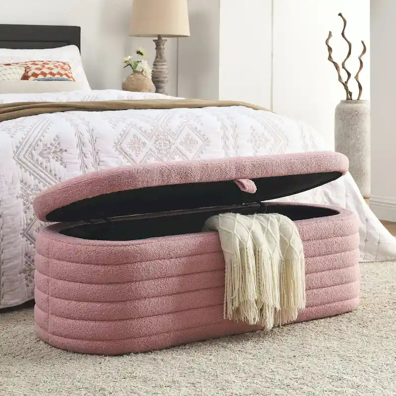 Teddy Fabric Upholstered Storage Bench End of Bed Stool with Safety Hinge