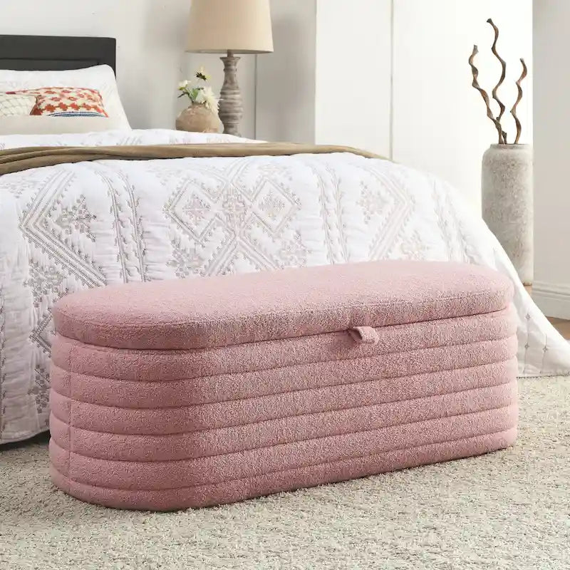 Teddy Fabric Upholstered Storage Bench End of Bed Stool with Safety Hinge