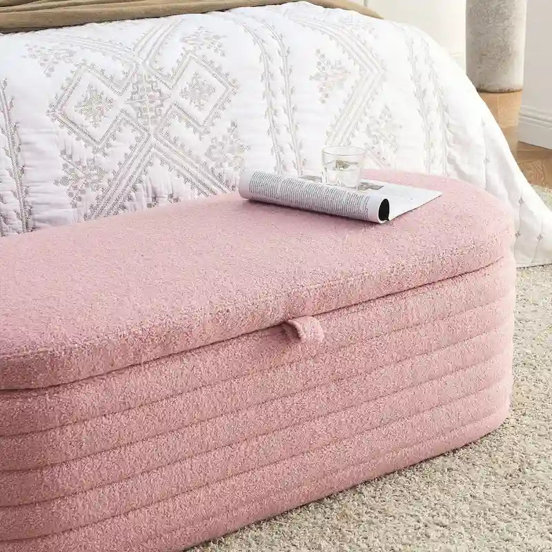Teddy Fabric Upholstered Storage Bench End of Bed Stool with Safety Hinge