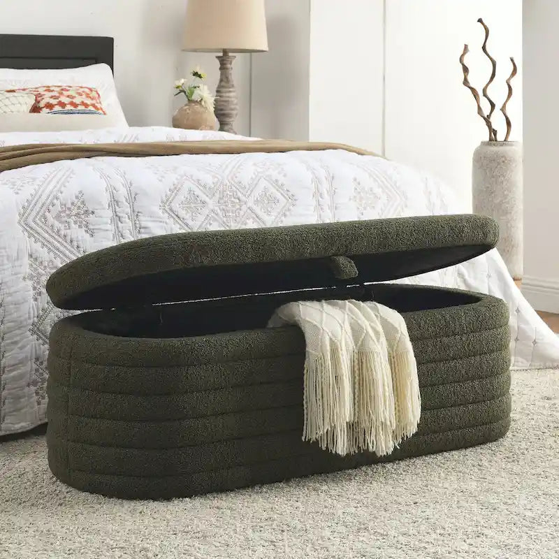 Teddy Fabric Upholstered Storage Bench End of Bed Stool with Safety Hinge