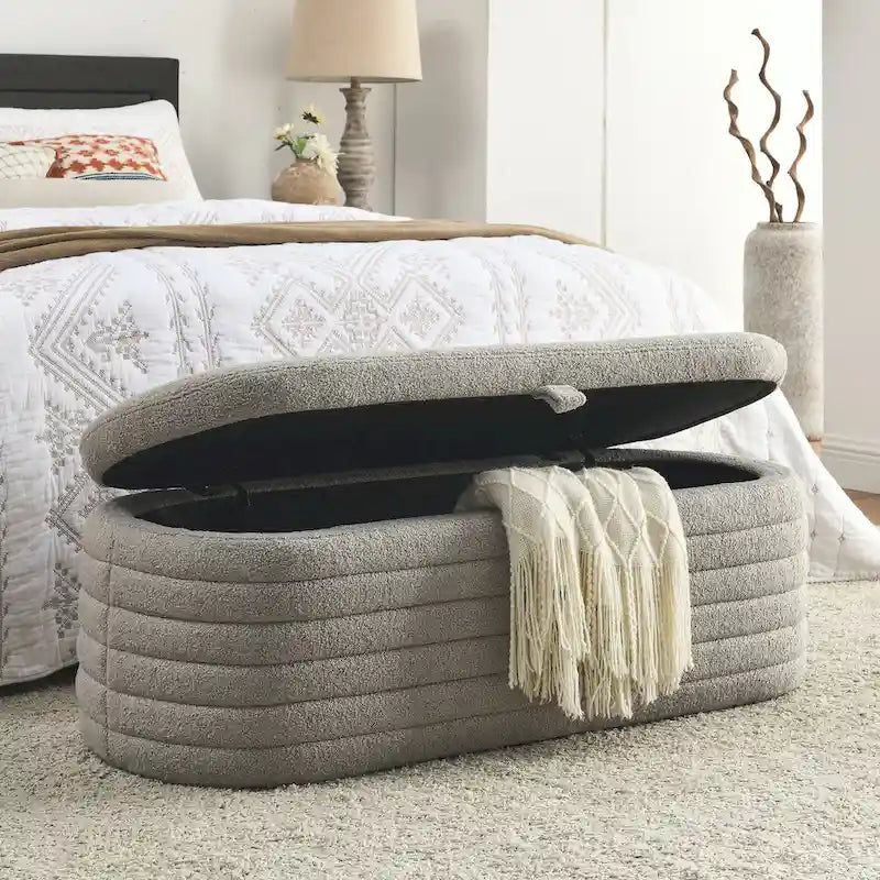 Teddy Fabric Upholstered Storage Bench End of Bed Stool with Safety Hinge
