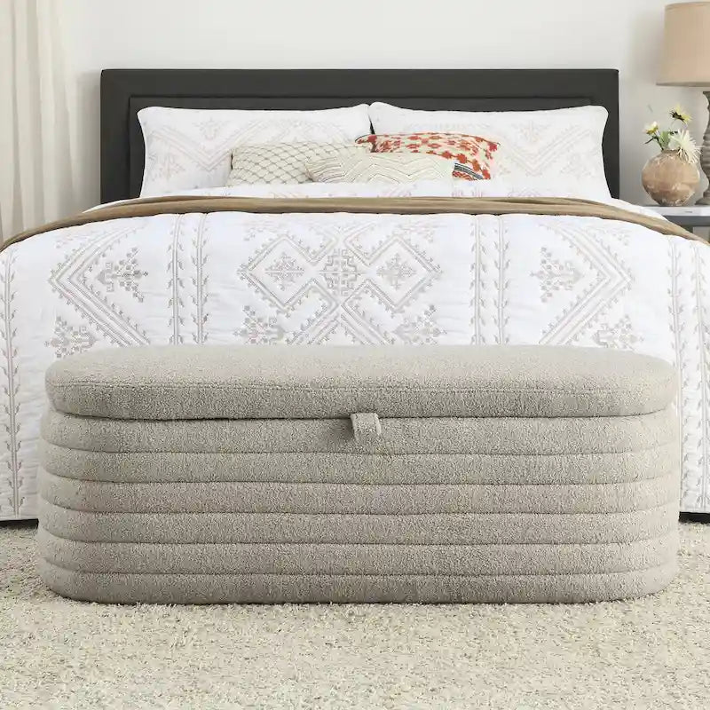 Teddy Fabric Upholstered Storage Bench End of Bed Stool with Safety Hinge
