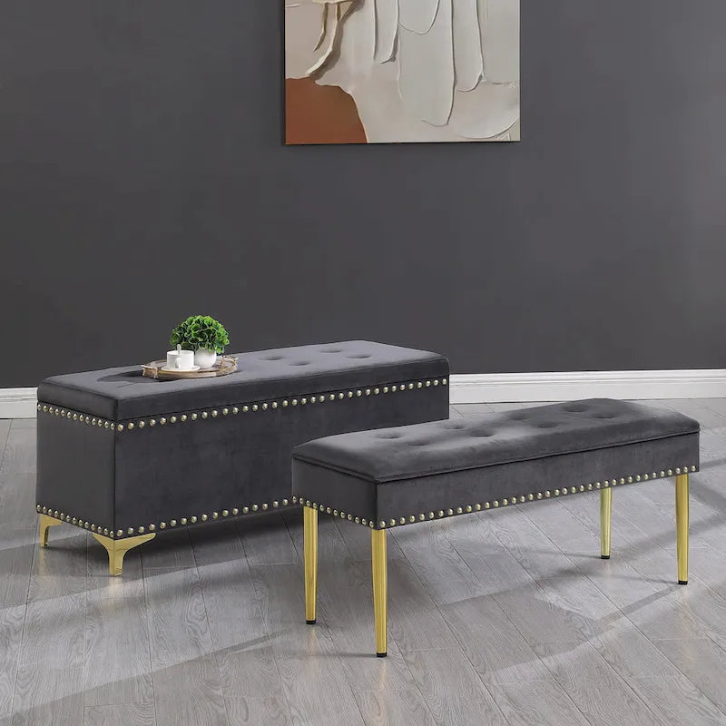 2 in 1 Combination Tufted Velvet Benches Set with Gold Leg and Nailhead Trim