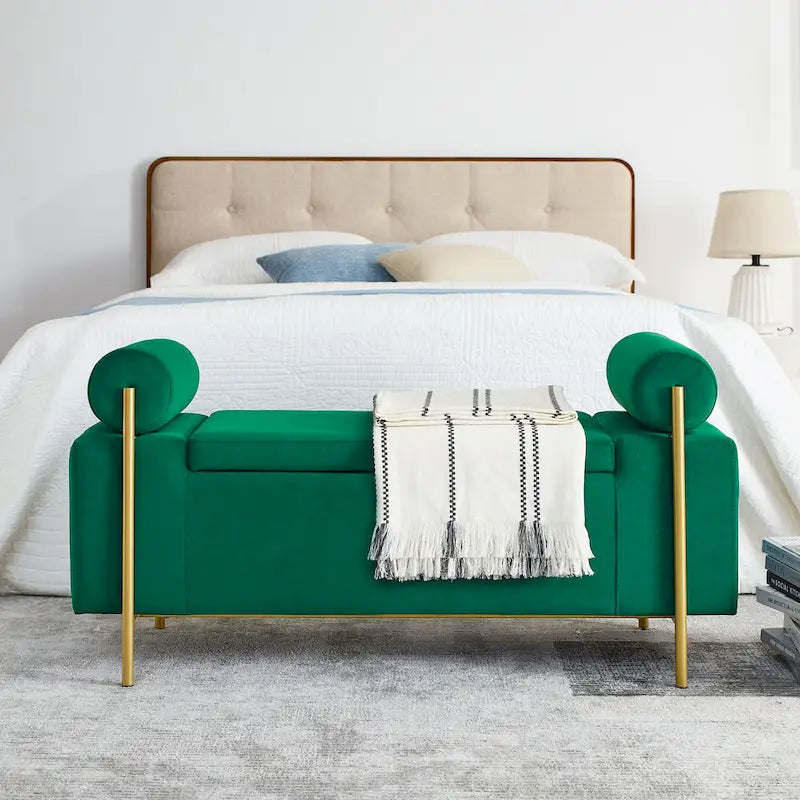 Velvet Storage Ottoman Bench with Cylindrical Arms and Iron Legs