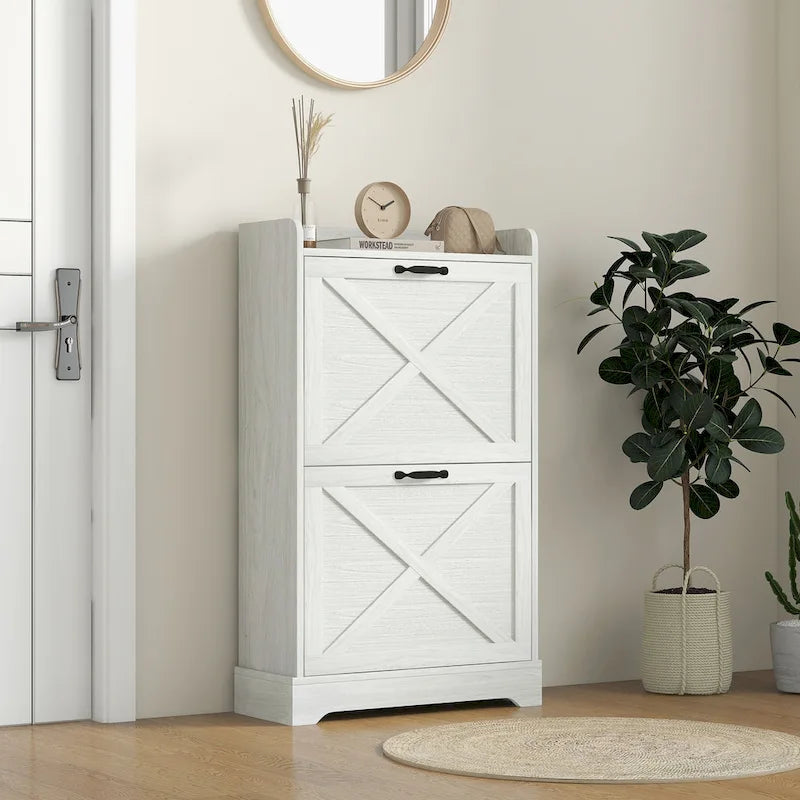 Oak Shoe Cabinet with 2 Sliding Doors