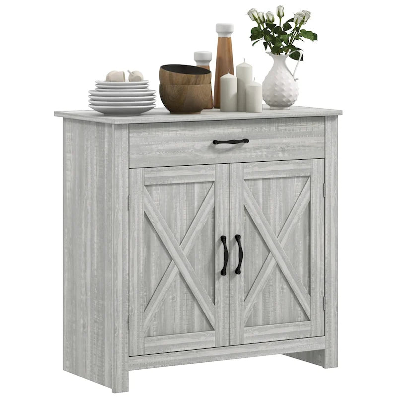 Farmhouse Sideboard Buffet Cabinet, Barn Door Coffee Bar Cabinet with Drawer and Adjustable Shelf