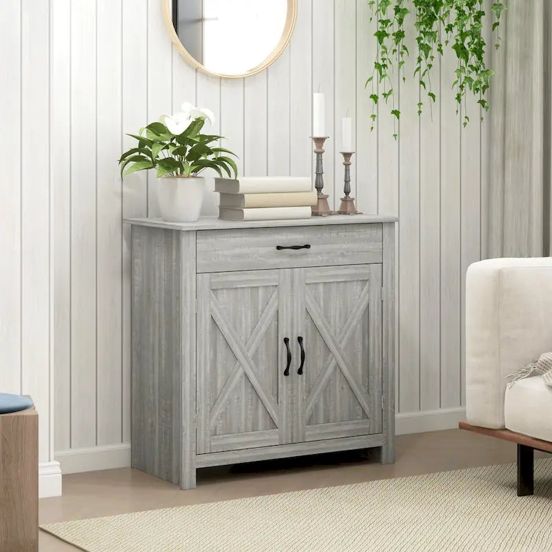 Farmhouse Sideboard Buffet Cabinet, Barn Door Coffee Bar Cabinet with Drawer and Adjustable Shelf