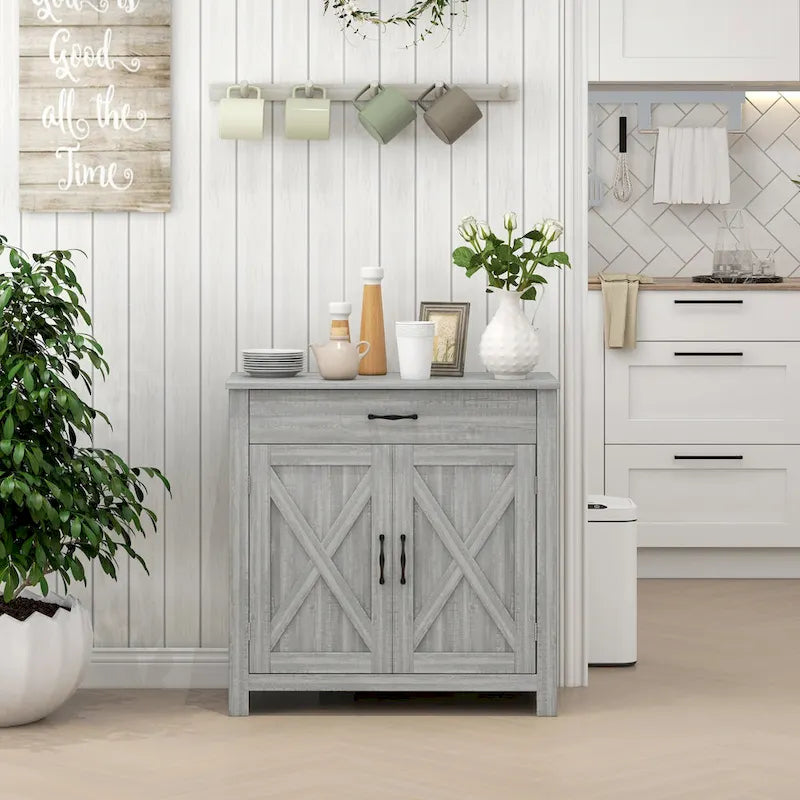 Farmhouse Sideboard Buffet Cabinet, Barn Door Coffee Bar Cabinet with Drawer and Adjustable Shelf