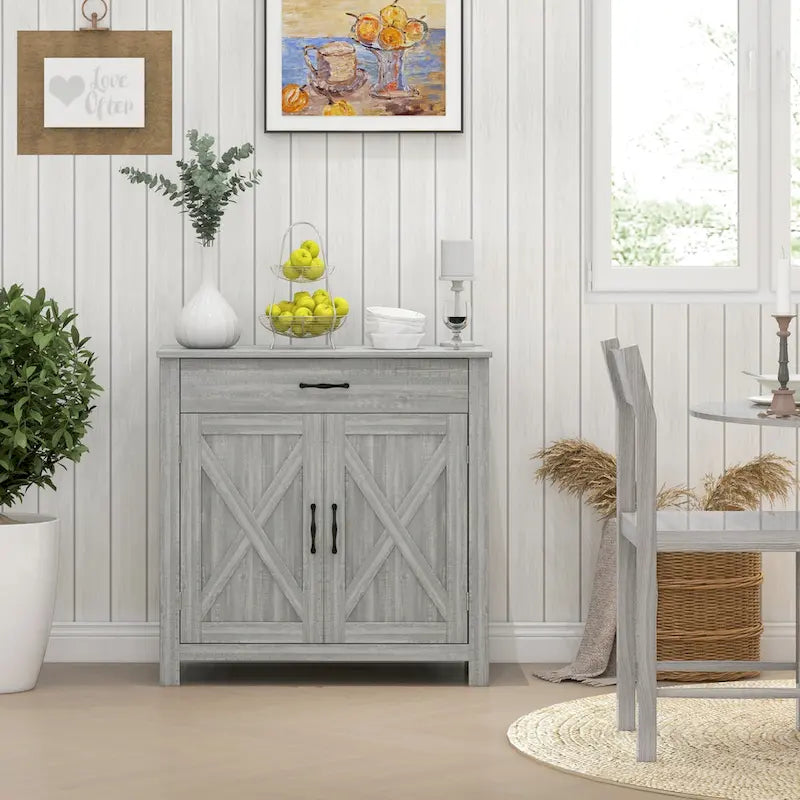 Farmhouse Sideboard Buffet Cabinet, Barn Door Coffee Bar Cabinet with Drawer and Adjustable Shelf