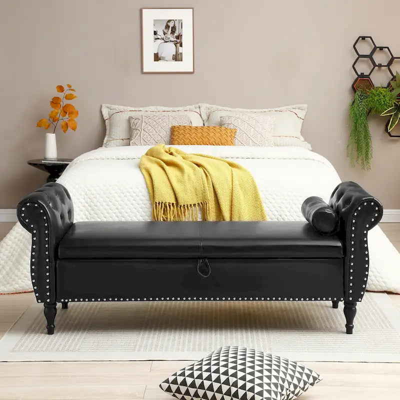 63 PU Upholstered End of Bed Bench with Flip Top Storage and Nailhead Trim