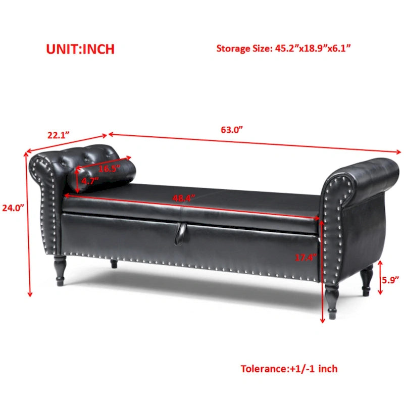 63 PU Upholstered End of Bed Bench with Flip Top Storage and Nailhead Trim