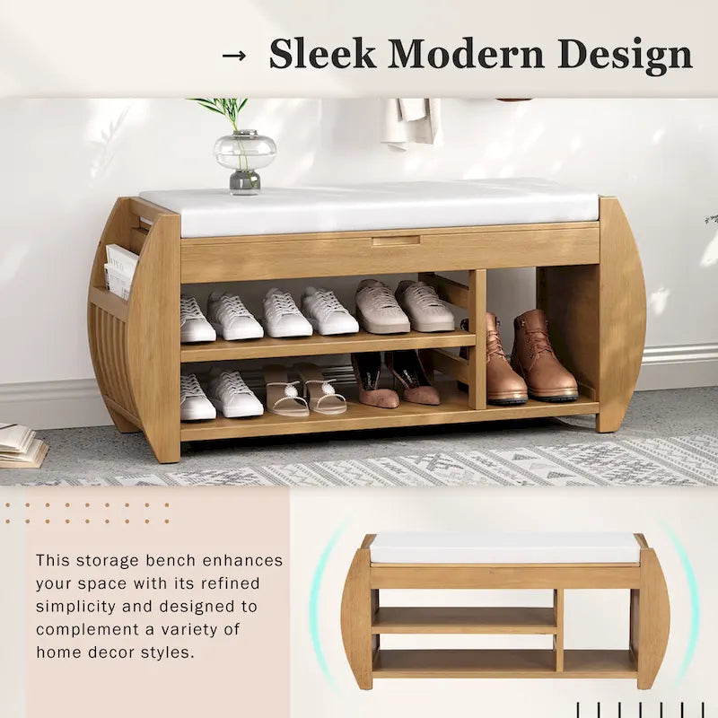 Retro Multifunctional Storage Bench with Cushion and Curved Side Panel for Entrance and Living room