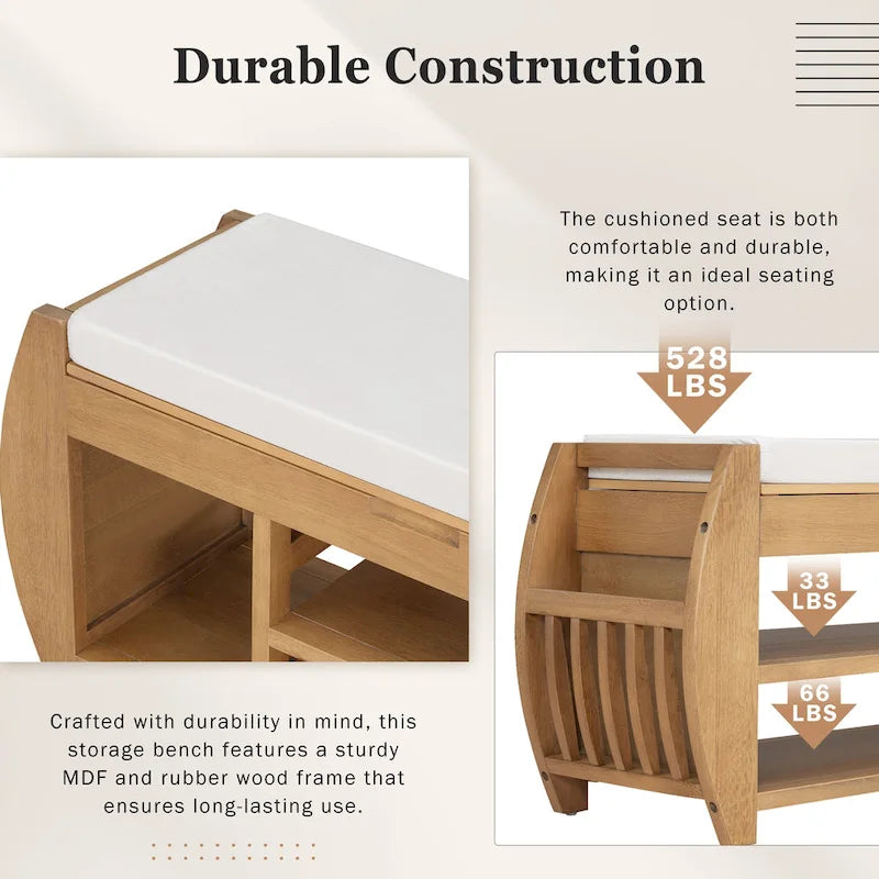 Retro Multifunctional Storage Bench with Cushion and Curved Side Panel for Entrance and Living room