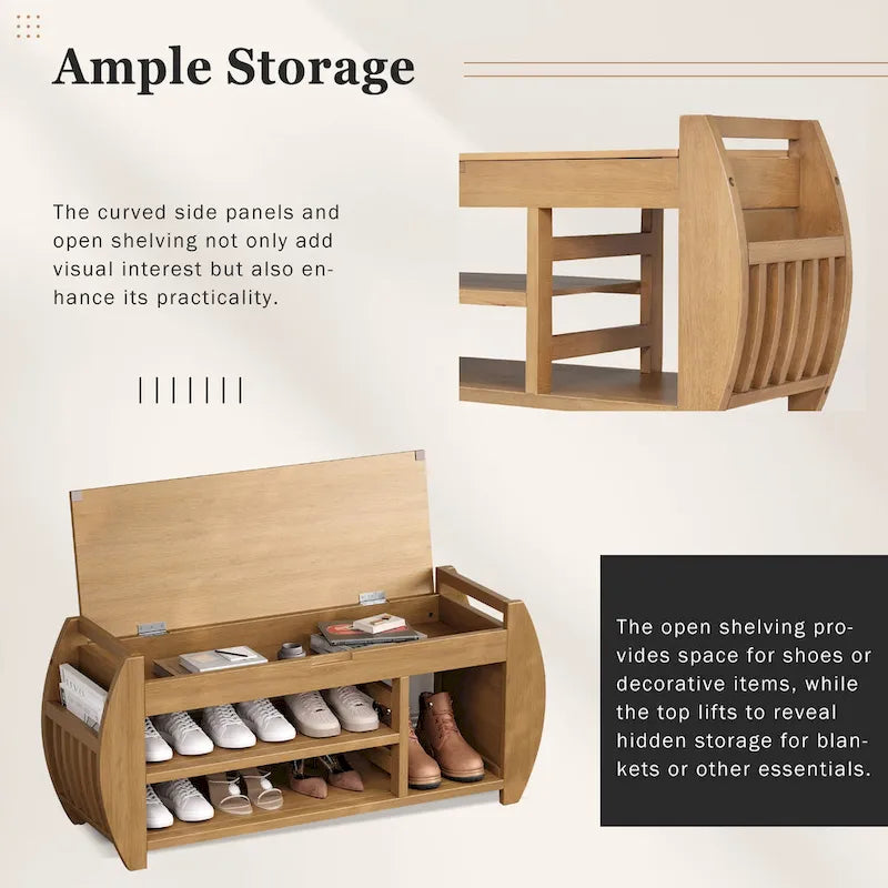 Retro Multifunctional Storage Bench with Cushion and Curved Side Panel for Entrance and Living room