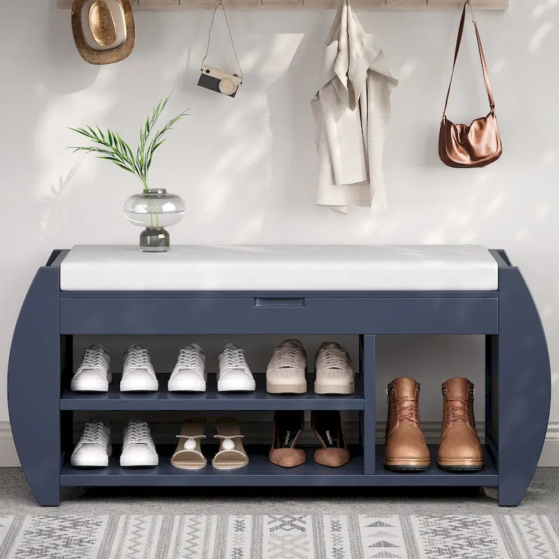 Retro Multifunctional Storage Bench with Cushion and Curved Side Panel for Entrance and Living room