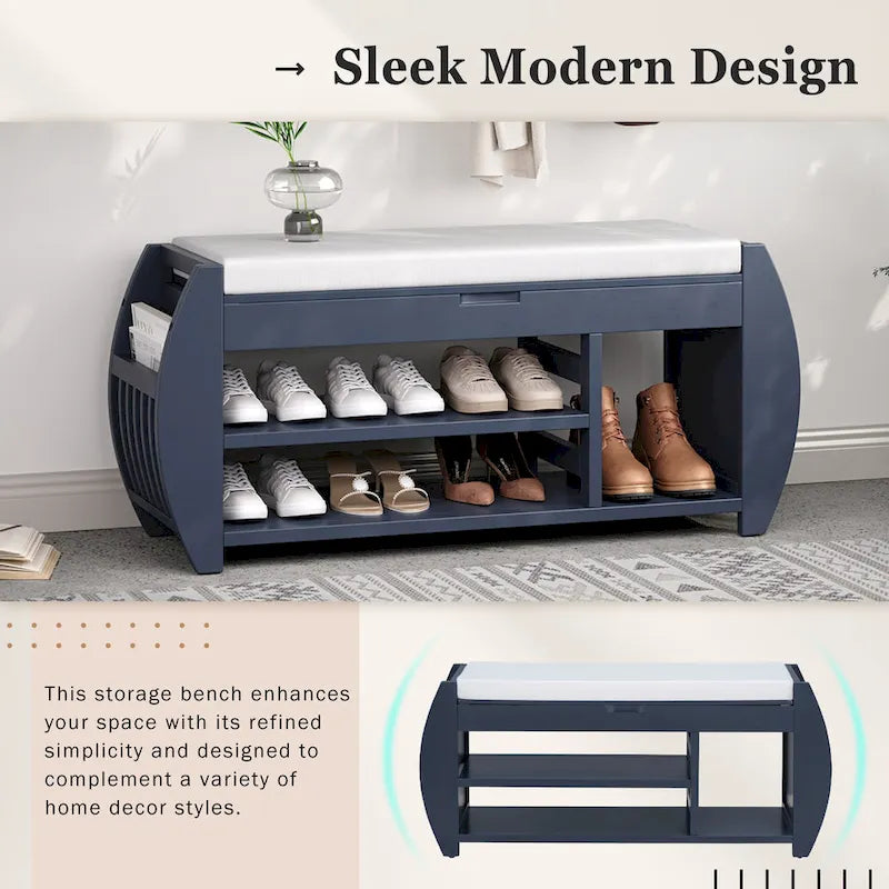 Retro Multifunctional Storage Bench with Cushion and Curved Side Panel for Entrance and Living room