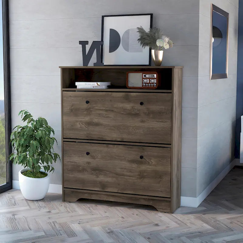 Shoe Rack , One Open Shelf, Two Extendable Cabinets