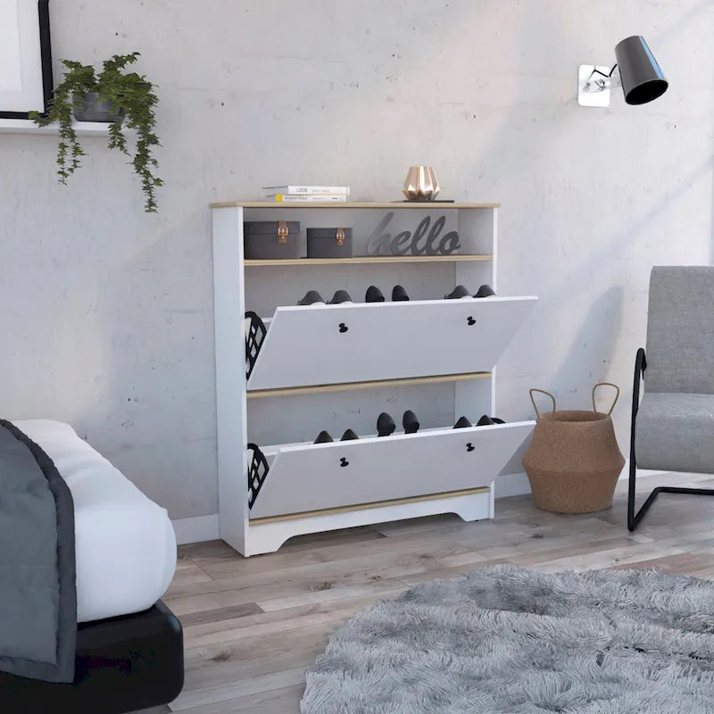 Shoe Rack , One Open Shelf, Two Extendable Cabinets