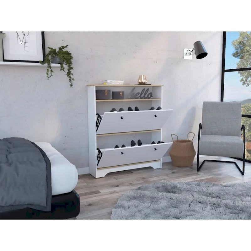 Shoe Rack , One Open Shelf, Two Extendable Cabinets