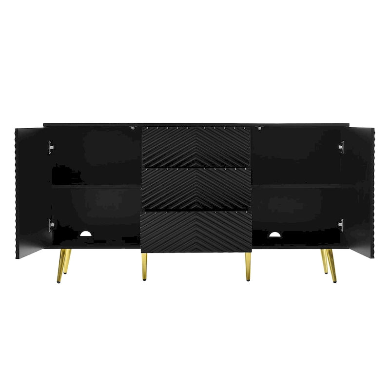 Sideboard with Geometric Line Design, Conical Metal Legs, and Central Drawers for Stylish Storage, for Entryway and Living Room
