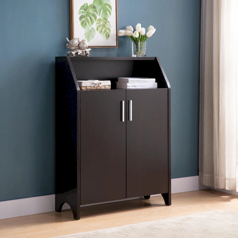 Wooden Two Door Shoe Cabinet with Four Interior Shelves fits 10 Pairs of Shoes for Living Room, Entryway, Bedroom