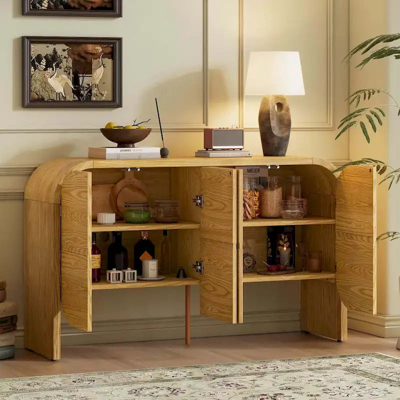 Wooden Sideboard Buffet Cabinet with Curvy Edge & Adjustable Shelves