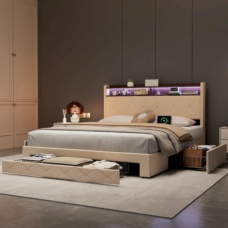 Javlergo Bed Frame with 4 Storage Drawers & Charging Station, Upholstered Platform Bed with Storage Headboard and LED Light