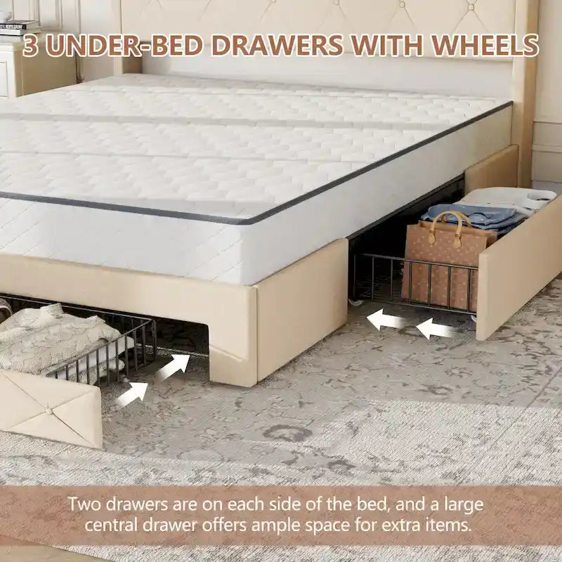 Javlergo Bed Frame with 4 Storage Drawers & Charging Station, Upholstered Platform Bed with Storage Headboard and LED Light