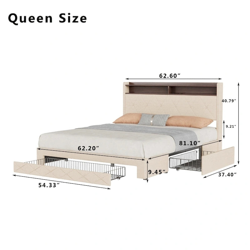 Javlergo Bed Frame with 4 Storage Drawers & Charging Station, Upholstered Platform Bed with Storage Headboard and LED Light
